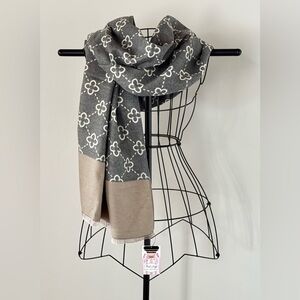 New Reversible Gray, Cream, Brown Flower Print Soft Winter Scarf - 75” x 27”